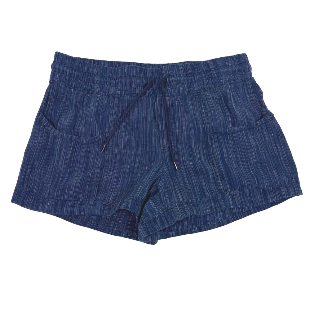 Athleta Cabo Linen Textured 4" Shorts Womens 14 Indigo Blue Striped Drawstring
